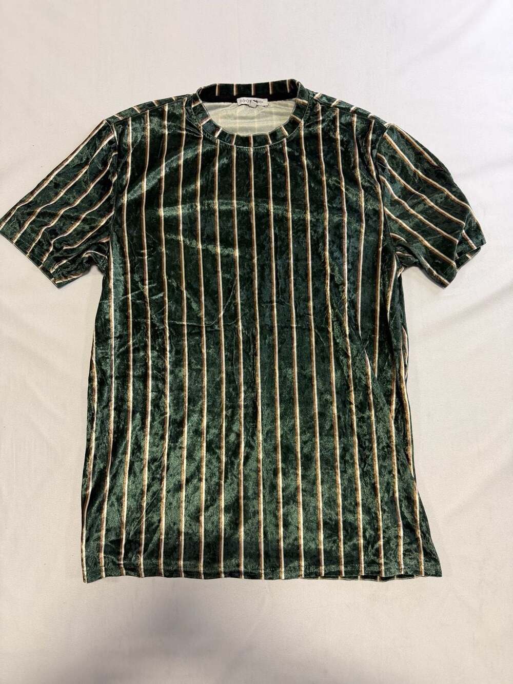 Fashion Nova Men Velvet Striped T-Shirt, Green/Tan, Men's Size M